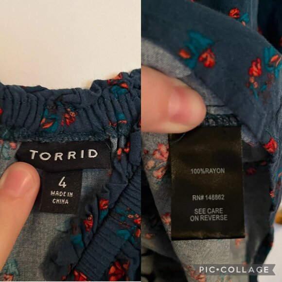 Torrid Size 4 Tea Length Challis Off-Shoulder Dress Blue-Green Florals - Picture 7 of 7